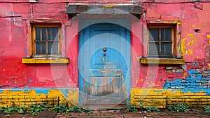 Weathered door and window in a colorful wall.