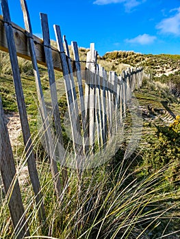 A weathered dune fence vanishing in to the distance