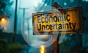 Weathered Economic Uncertainty sign amidst a heavy downpour symbolizing the gloomy forecast and instability in financial markets
