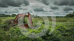 Weathered excavator left in overgrown foliage under a moody sky.
