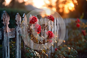Weathered Fence Corner with Red Roses at Sunset