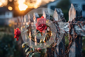 Weathered Fence Corner with Red Roses at Sunset