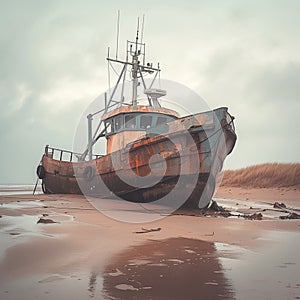 Weathered fishing vessel, beachbound, echoes tales of bygone maritime adventures