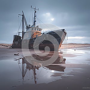 Weathered fishing vessel, beachbound, echoes tales of bygone maritime adventures