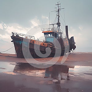 Weathered fishing vessel, beachbound, echoes tales of bygone maritime adventures