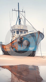 Weathered fishing vessel, beachbound, echoes tales of bygone maritime adventures