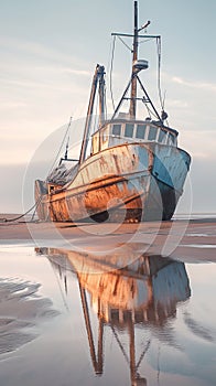 Weathered fishing vessel, beachbound, echoes tales of bygone maritime adventures