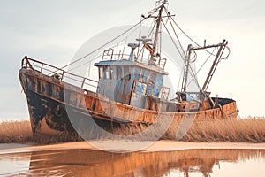 Weathered fishing vessel, beachbound, echoes tales of bygone maritime adventures