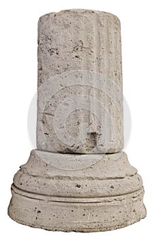 Weathered fragment of the base of an ancient greek stone column isolated on white background
