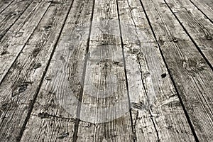 Weathered gray wooden floorboards as background photo