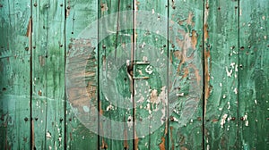 A weathered green door with peeling paint