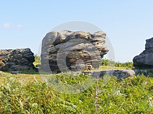 Weathered gritstone rock outcrop known as Defiance