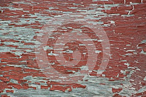 Weathered grungy peeling red paint on old grey plywood