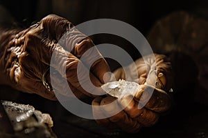 Weathered hands carefully holding a clear quartz crystal with precision and reverence in a dark setting photo