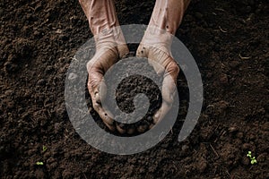 Weathered hands cradle a handful of fertile soil, symbolizing toil and growth.