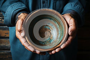 Weathered hands, empty bowl on wood backdrop, evoke the harshness of hunger
