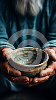 Weathered hands, empty bowl on wood backdrop, evoke the harshness of hunger