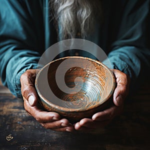 Weathered hands, empty bowl on wood backdrop, evoke the harshness of hunger