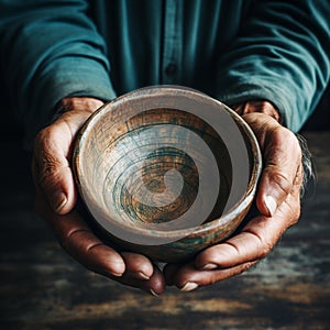 Weathered hands, empty bowl on wood backdrop, evoke the harshness of hunger