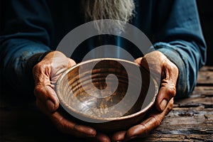 Weathered hands, empty bowl on wood backdrop, evoke the harshness of hunger