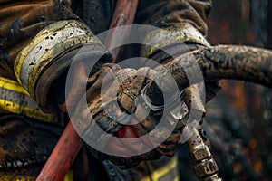 The weathered hands of a firefighter gripping a hose nozzle veins bulging with exertion photo