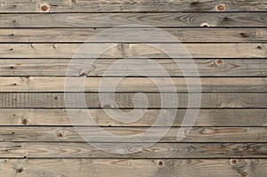 Horizontal weathered knotted wood planks wall. Rustic wooden texture grain knots boards background photo