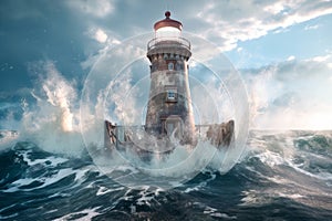 A weathered lighthouse with a massive splash of sea water. AI generated