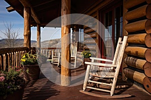 weathered log cabin porch with rocking chairs