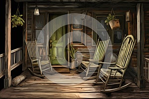 weathered log cabin porch with rocking chairs, magazine style illustration