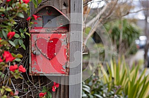 Weathered mailbox with heart motif