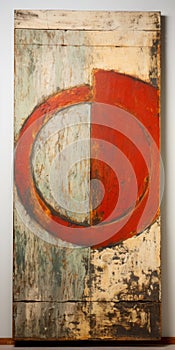 Weathered Materials: A Primitivist Painting Of An Orange Circle On Vintage Barn Wood