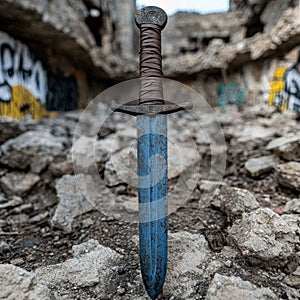 Weathered medieval sword stuck in the ground