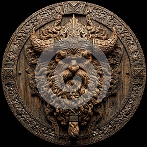 Alternate angle of shield bearing screaming visage, iron studs and worn edge textures suggest battle