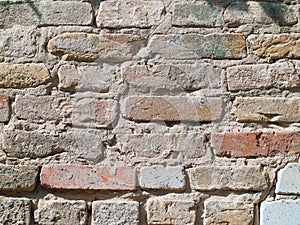 Weathered old abandoned brick wall with plaster