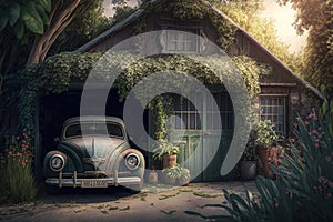 a weathered old garage with a vintage car parked inside, surrounded by greenery and flowers.