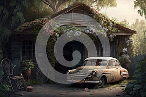 a weathered old garage with a vintage car parked inside, surrounded by greenery and flowers.