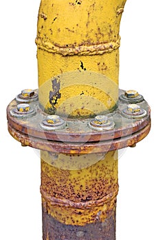 Weathered old gas pipe connection flange isolated