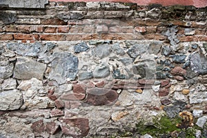 Weathered old house stone wall closeup