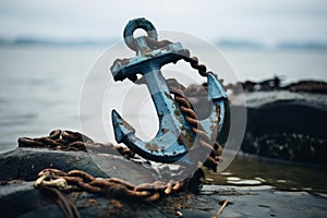 Weathered Old ship anchor on blue marine background. Generate ai