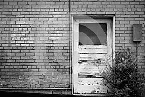 Weathered and peeling paint on wooden door set in old brick wall