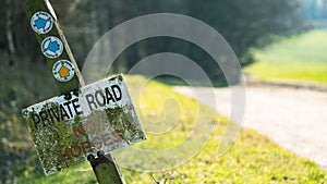 Weathered private road keep out sign in the countryside