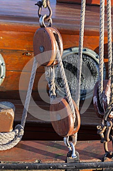 Weathered pulley and ropes