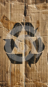 Weathered recycling symbol on brown paper