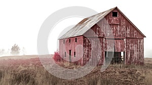 Weathered red barn in a misty field with dry grasses, evoking a sense of rural decay and quiet solitude