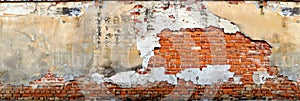 Weathered Red Brick Wall With Peeling Paint background texture. Generative AI