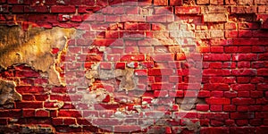 A weathered red brick wall texture with decaying mortar. Generative AI