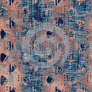 Weathered rustic coastal style distressed woven texture. Nautical blue red grunge resist seamless pattern. Textile