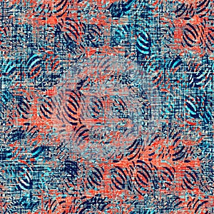 Weathered rustic coastal style distressed woven texture. Nautical blue red grunge resist seamless pattern. Textile