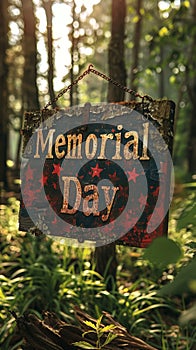 Weathered and rustic Memorial Day sign with red stars hanging on a chain in a serene forest setting with sun-dappled