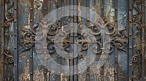 A weathered saloon door adorned with ornate ironwork. photo